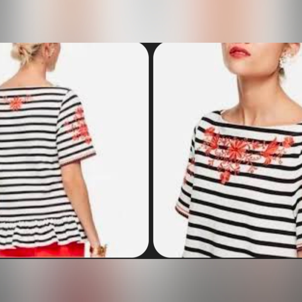 Kate Spade Moon River Black and White Striped Blouse with Red Embroidery